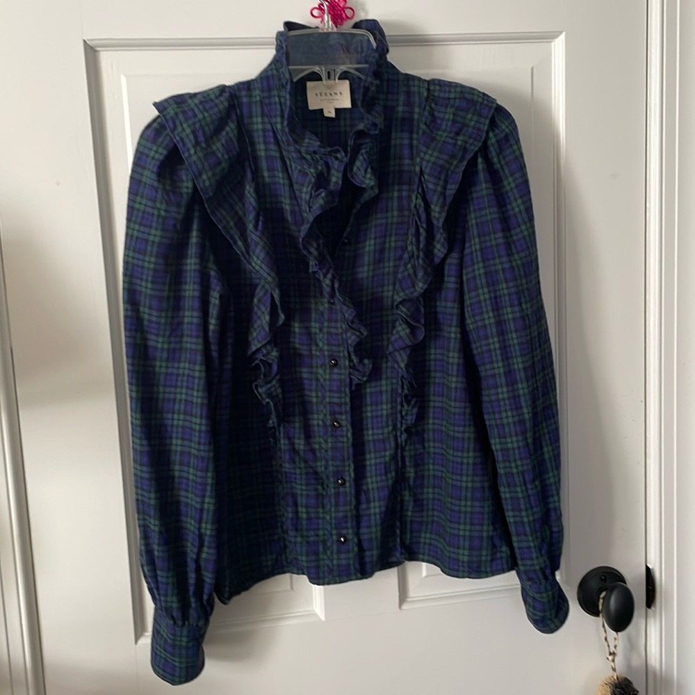 Sezane Blue and Green Plaid Ruffle Blouse